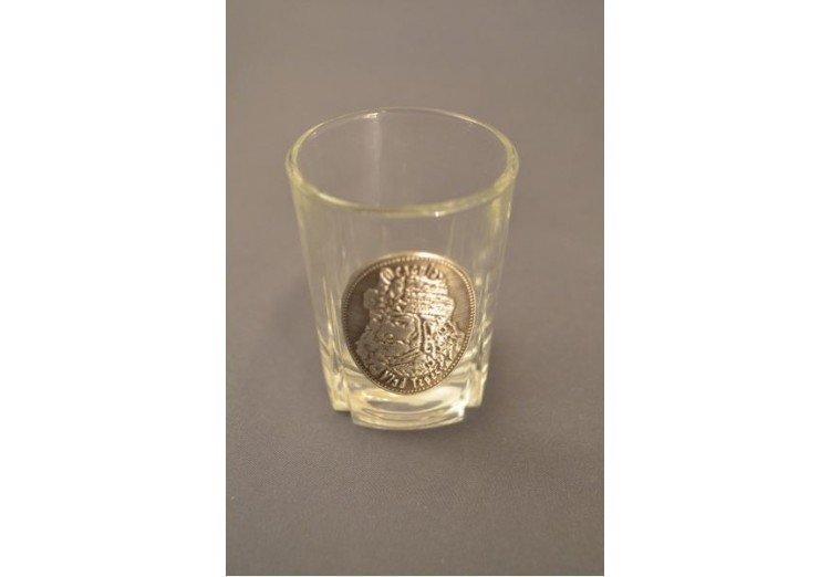Păhărel pentru alcool rotund cu plăcuţă metalică Vlad Ţepeş
